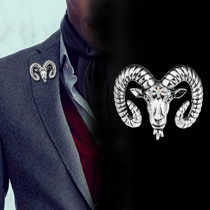 Herrenbrosche mit Widderkopf und Tier-Accessoires