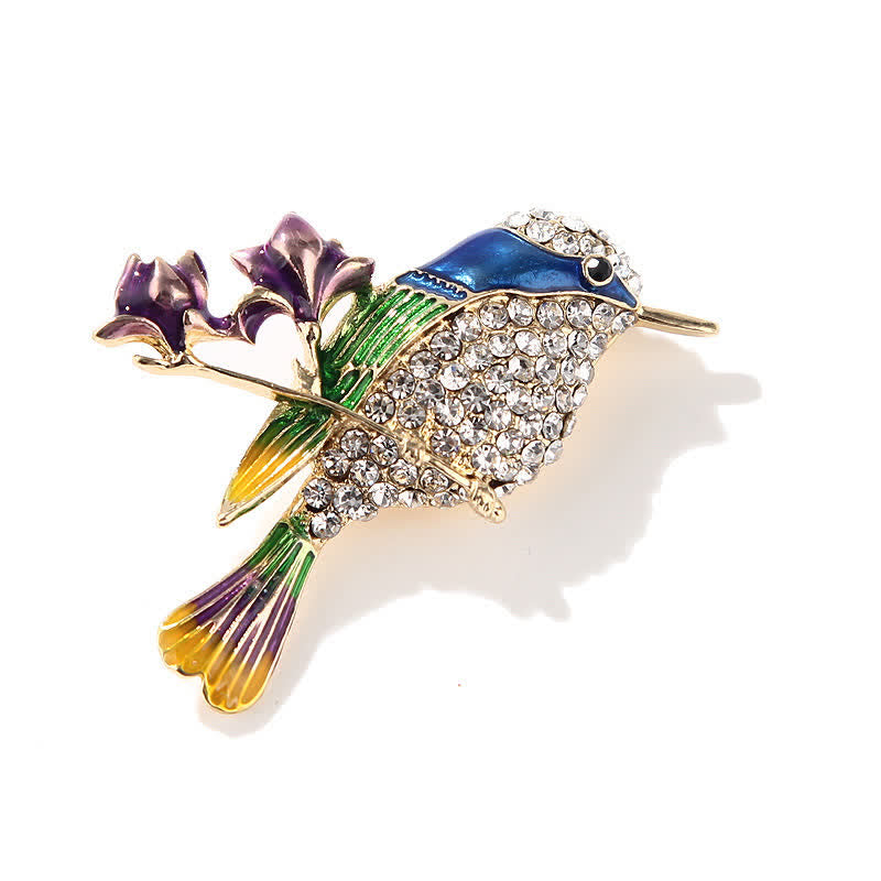Damen-Brosche mit Emaille-Motiv „Elster“ und Rosenvogel und Strasssteinen