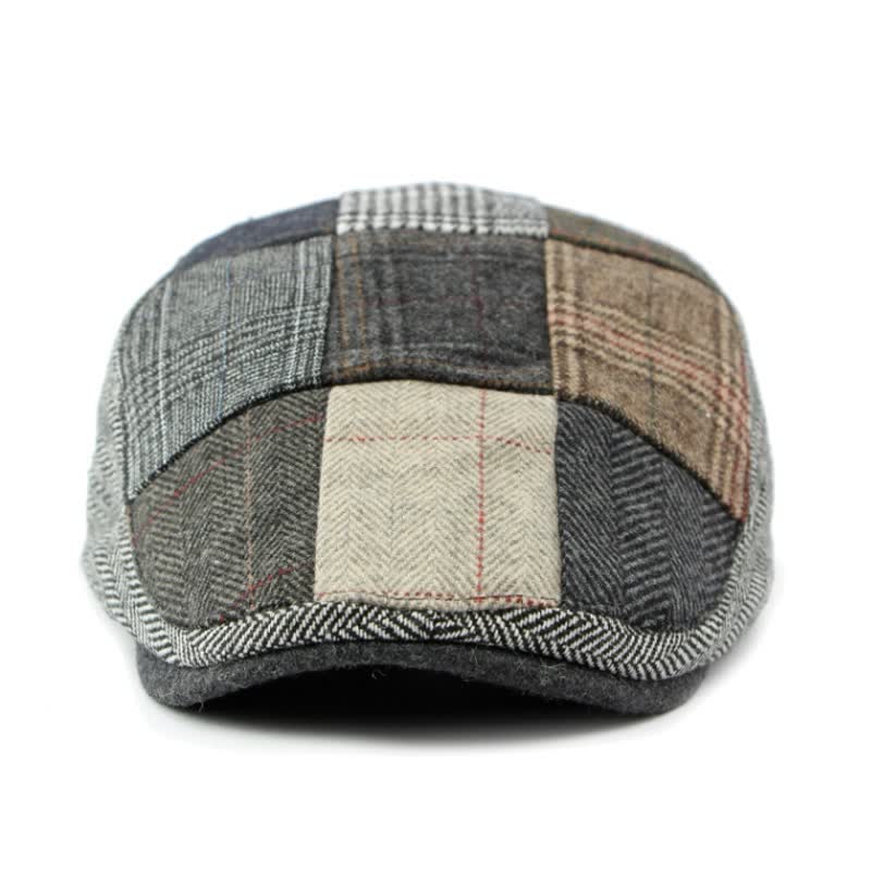 Baskenmütze mit Fischgrätenmuster und Patchwork-Muster im Retro-Stil