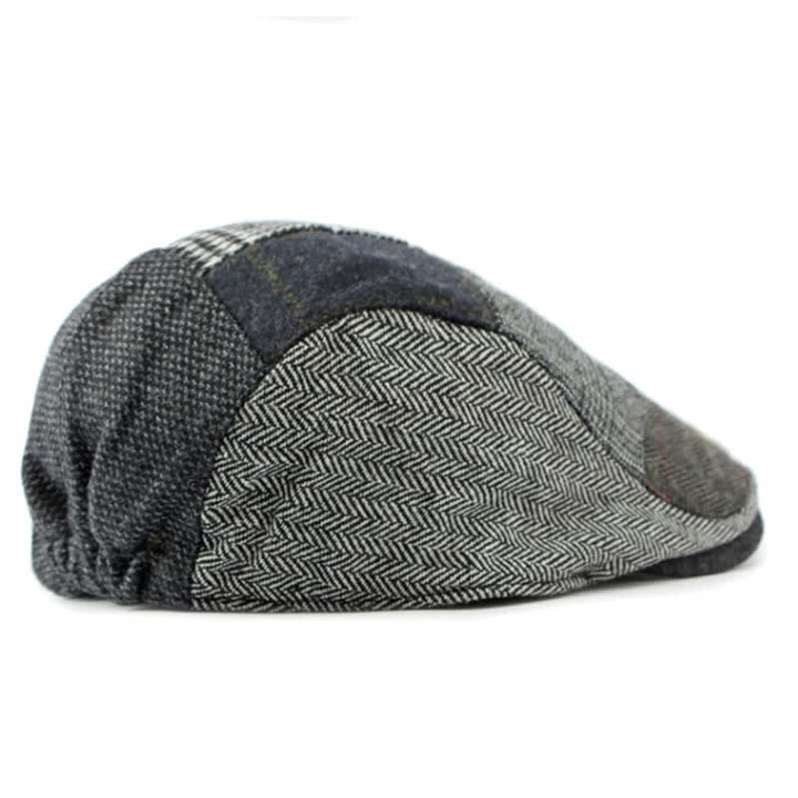 Baskenmütze mit Fischgrätenmuster und Patchwork-Muster im Retro-Stil