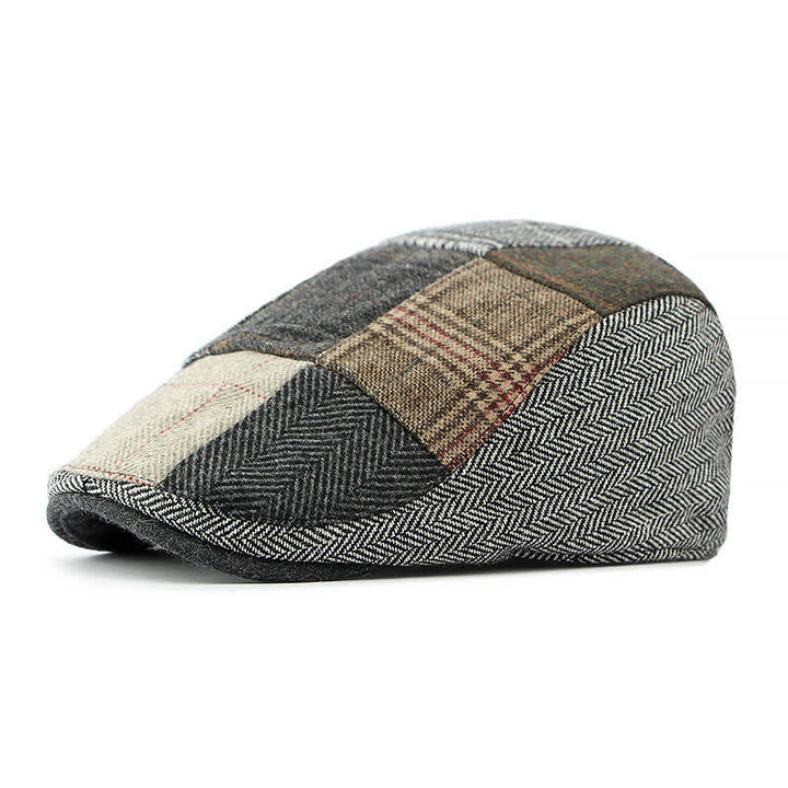 Baskenmütze mit Fischgrätenmuster und Patchwork-Muster im Retro-Stil