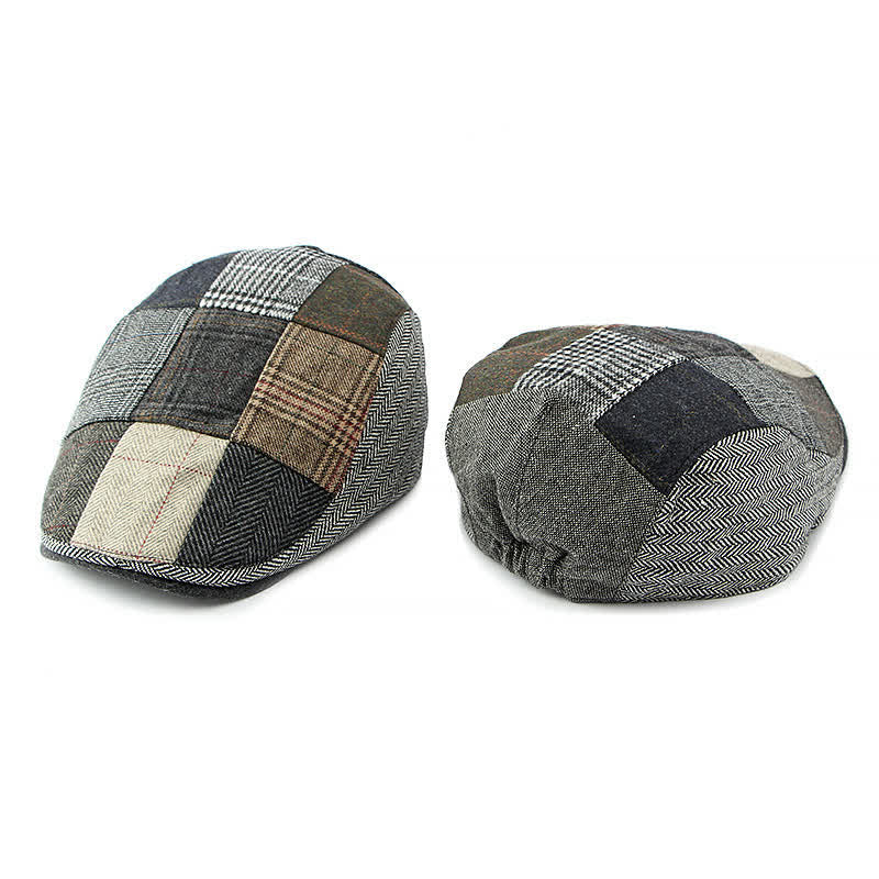 Baskenmütze mit Fischgrätenmuster und Patchwork-Muster im Retro-Stil