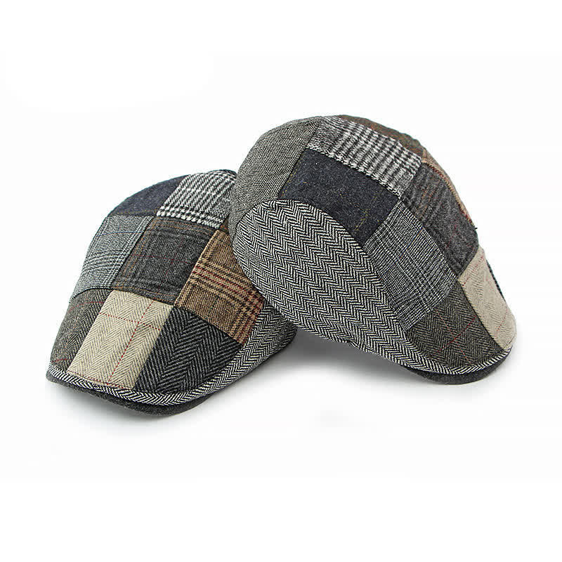 Baskenmütze mit Fischgrätenmuster und Patchwork-Muster im Retro-Stil