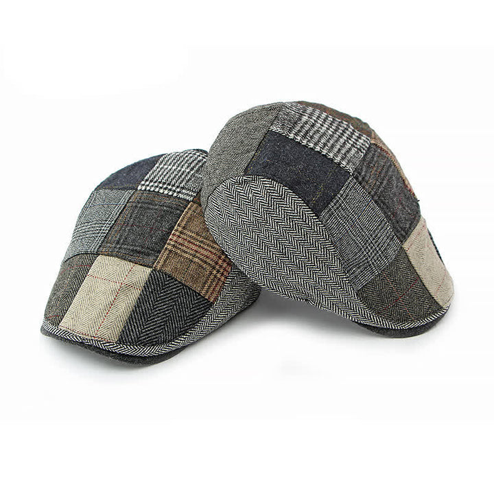 Baskenmütze mit Fischgrätenmuster und Patchwork-Muster im Retro-Stil
