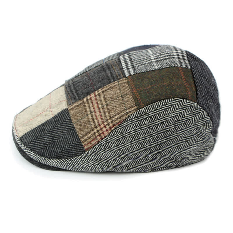 Baskenmütze mit Fischgrätenmuster und Patchwork-Muster im Retro-Stil