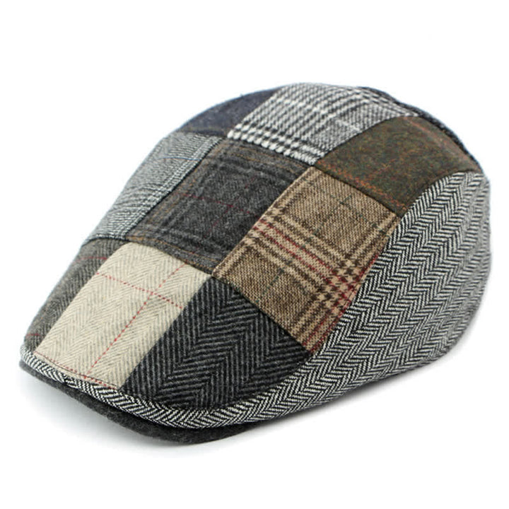 Baskenmütze mit Fischgrätenmuster und Patchwork-Muster im Retro-Stil