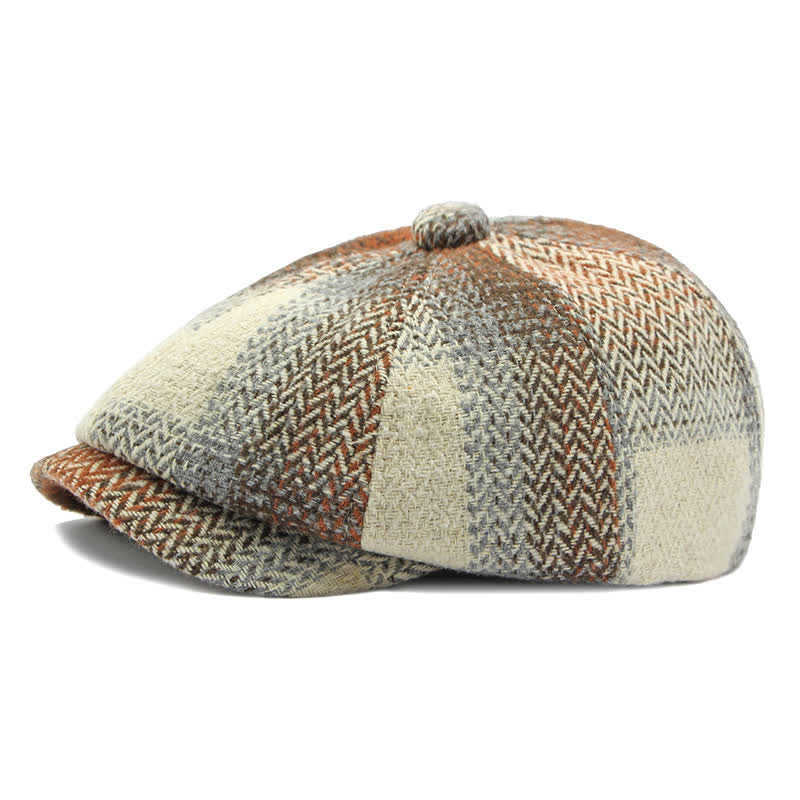 Gestreifte Zeitungsjungen-Baskenmütze im britischen Stil mit Fischgrätenmuster - Khaki - Einstellbar (21 5/8"-23 1/4") - image 0