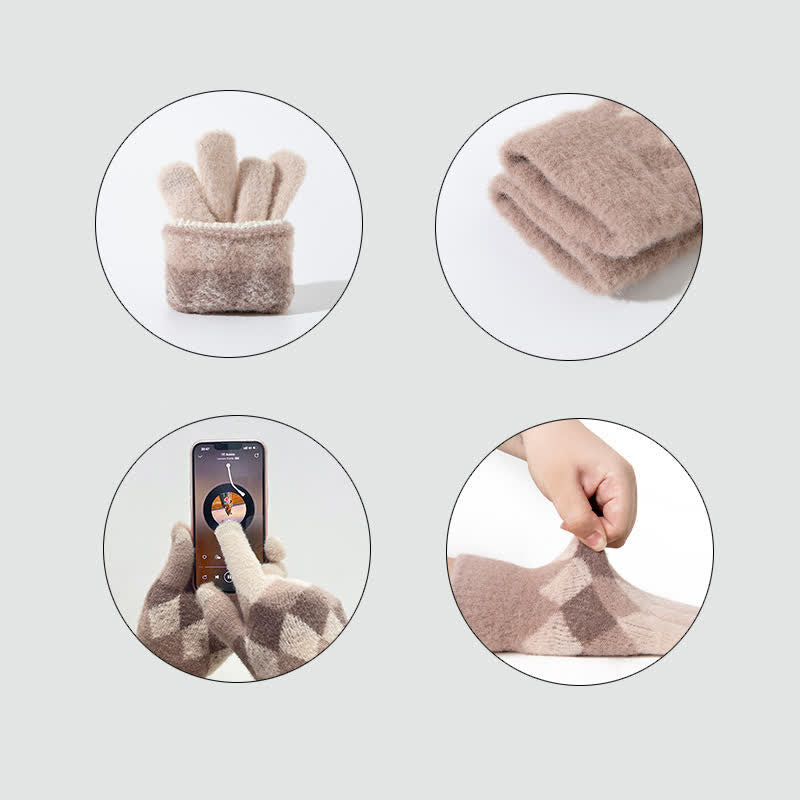 Warme Strickhandschuhe aus Plüsch mit buntem Rautenmuster