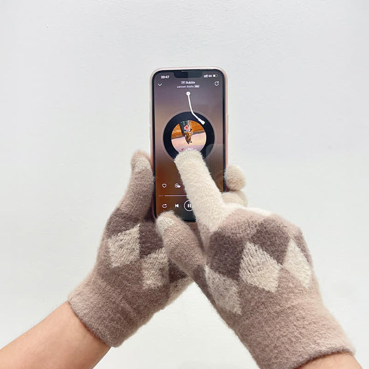 Warme Strickhandschuhe aus Plüsch mit buntem Rautenmuster
