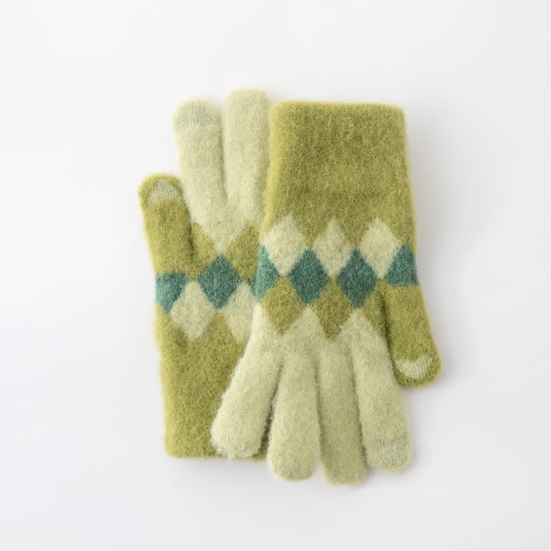 Warme Strickhandschuhe aus Plüsch mit buntem Rautenmuster