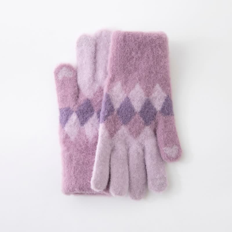 Warme Strickhandschuhe aus Plüsch mit buntem Rautenmuster