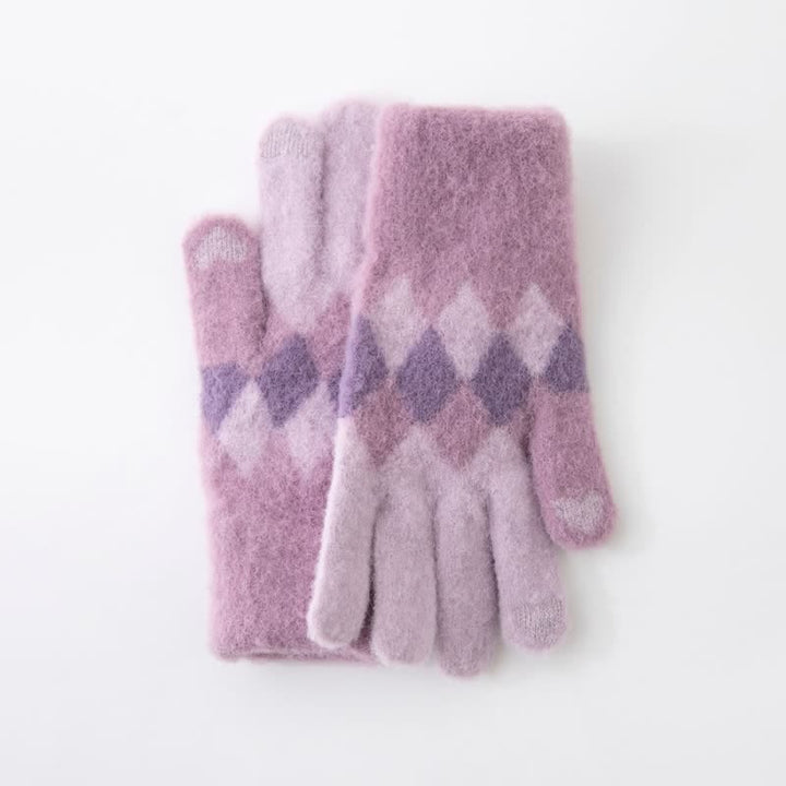 Warme Strickhandschuhe aus Plüsch mit buntem Rautenmuster