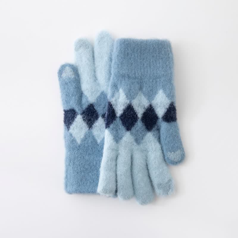 Warme Strickhandschuhe aus Plüsch mit buntem Rautenmuster