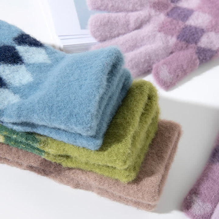 Warme Strickhandschuhe aus Plüsch mit buntem Rautenmuster