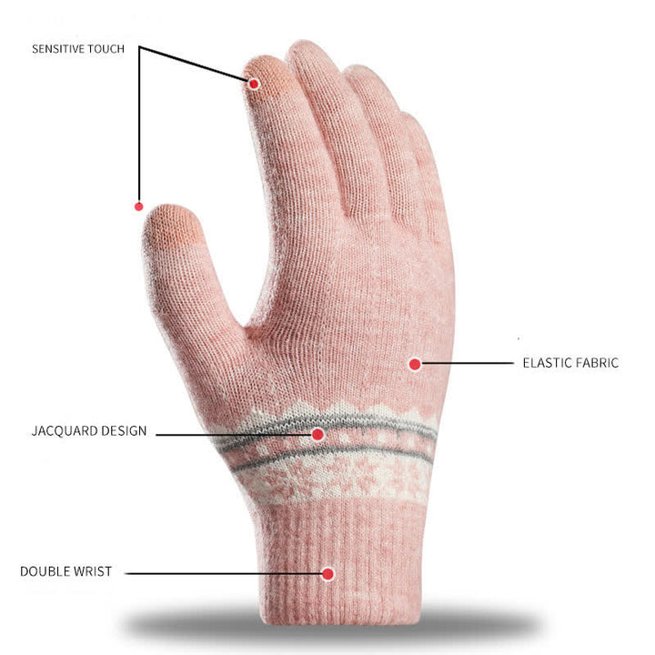 Schneeflocken-Jacquard-Handschuhe mit dehnbaren Bündchen und wärmendem Strick