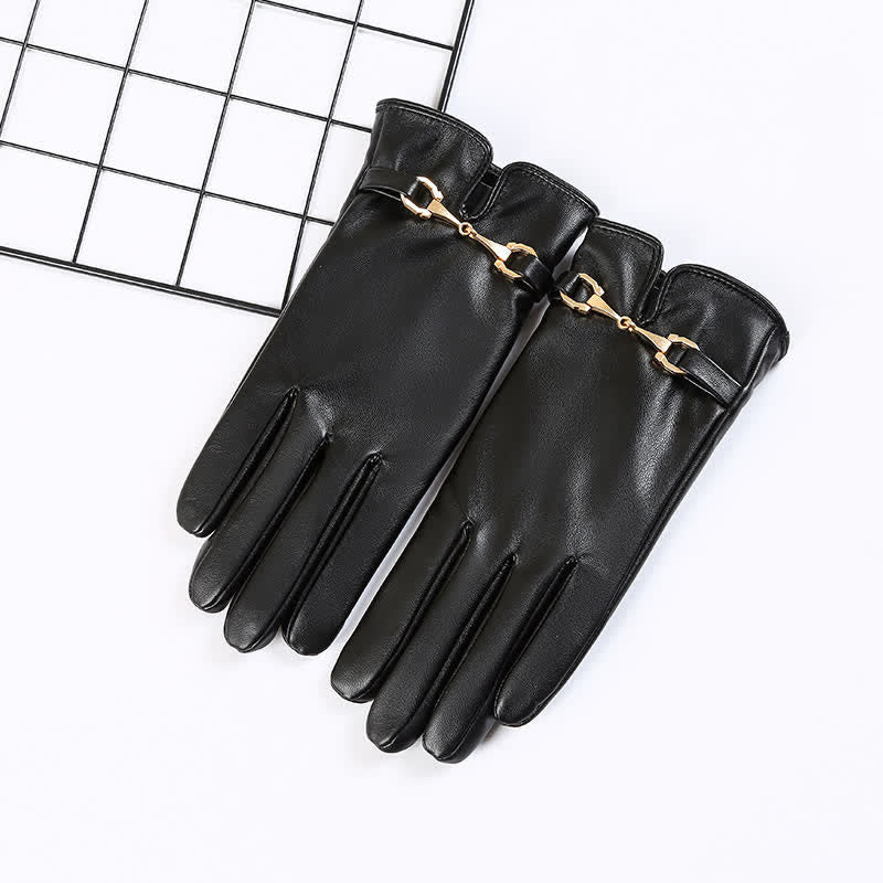 Warme Samthandschuhe aus PU-Leder für Damen mit Metalldekor