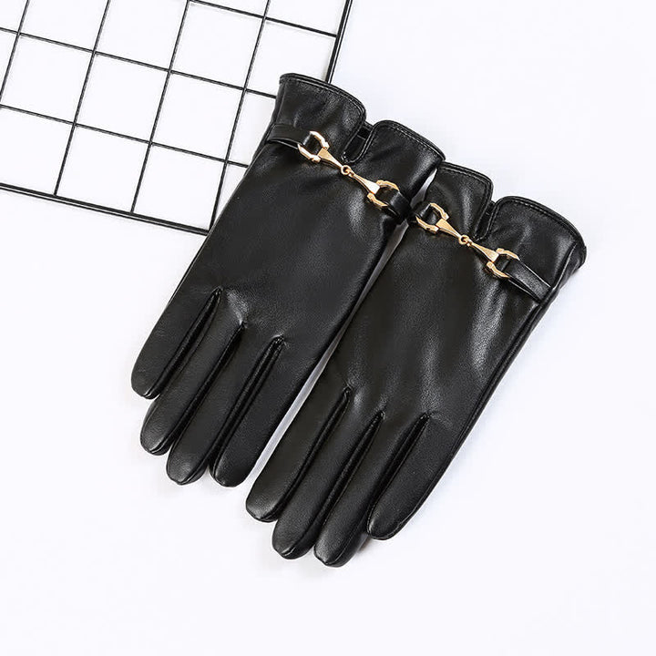 Warme Samthandschuhe aus PU-Leder für Damen mit Metalldekor