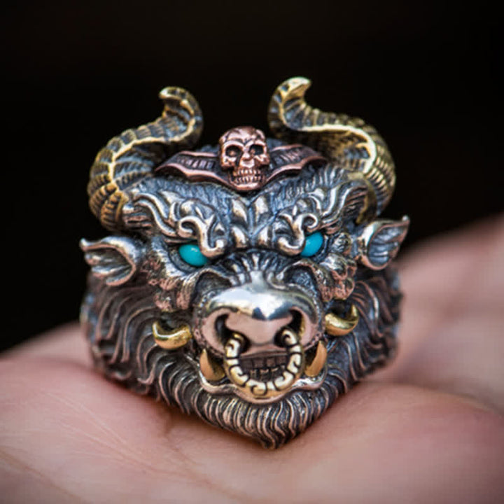 Dominierender Rock-Bullen-Pferde-Totem-Ring für Herren mit verstellbarem Öffnungswinkel
