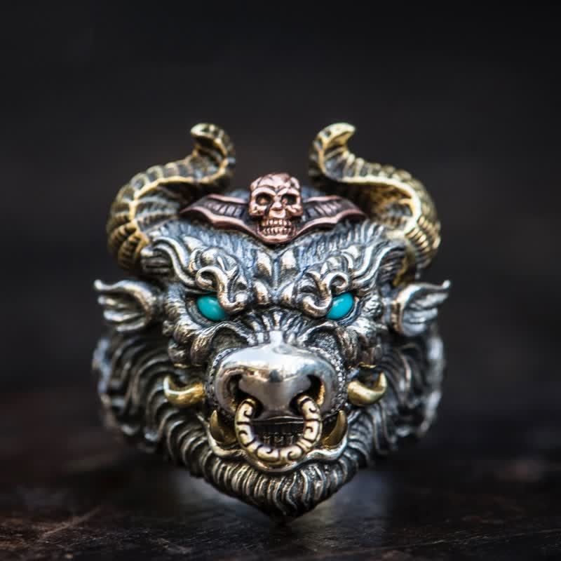 Dominierender Rock-Bullen-Pferde-Totem-Ring für Herren mit verstellbarem Öffnungswinkel