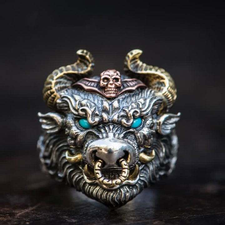 Dominierender Rock-Bullen-Pferde-Totem-Ring für Herren mit verstellbarem Öffnungswinkel