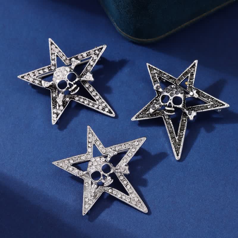 Pentagramm Totenkopf Knochen Strass Brosche