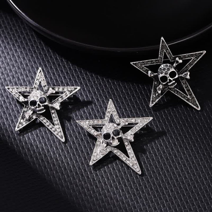 Pentagramm Totenkopf Knochen Strass Brosche