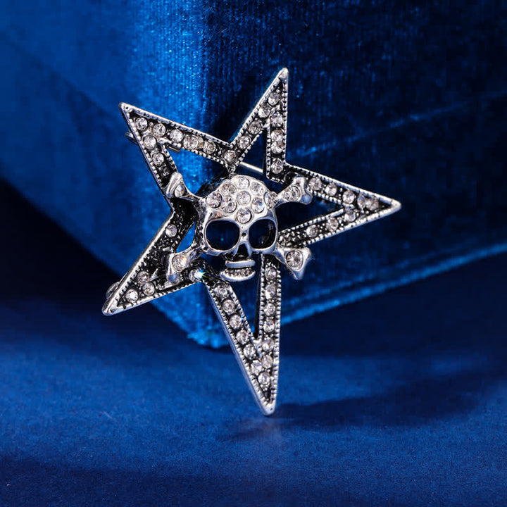 Pentagramm Totenkopf Knochen Strass Brosche