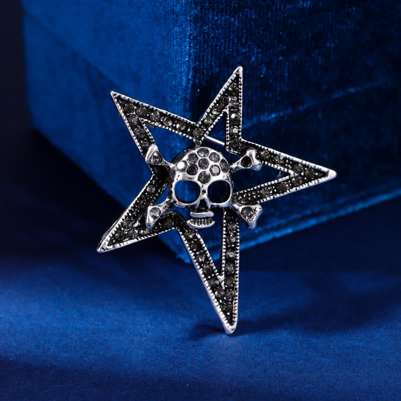 Pentagramm Totenkopf Knochen Strass Brosche