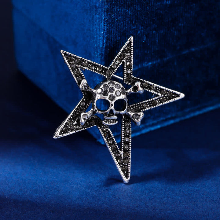 Pentagramm Totenkopf Knochen Strass Brosche