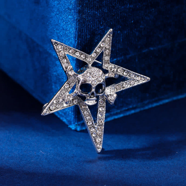 Pentagramm Totenkopf Knochen Strass Brosche