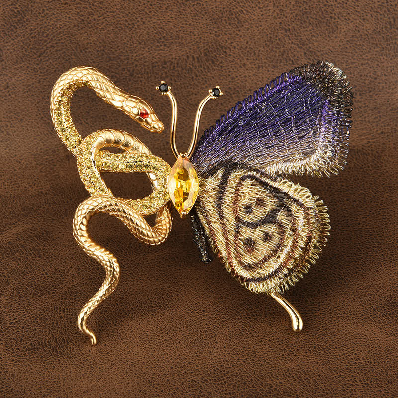 Damenbrosche mit Schmetterlings- und Schlangenmotiv in Lila