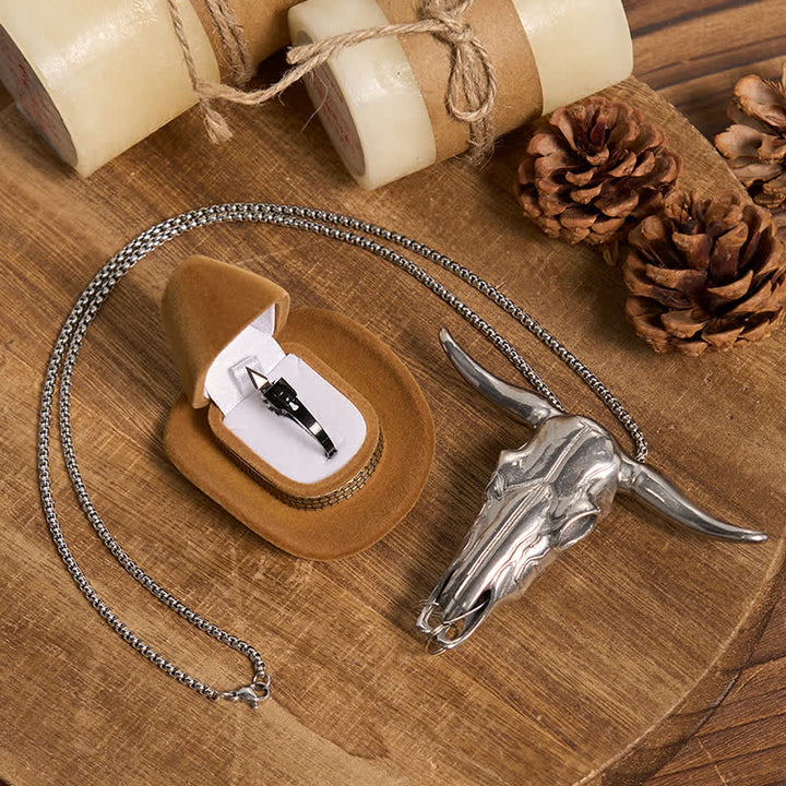Ring-Set mit Longhorn-Bullenanhänger und versteckter Klinge