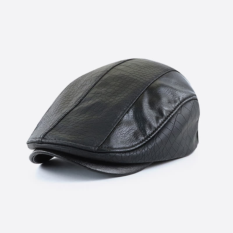 Baskenmütze aus Leder mit Alligator-Print und Vintage-Nähten