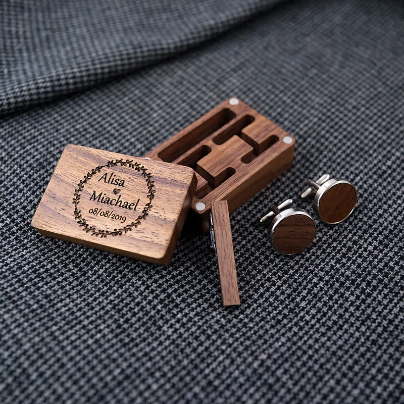 Herren-Manschettenknöpfe aus Holz mit individueller Gravur, Box-Oberfläche, Hochzeitstag