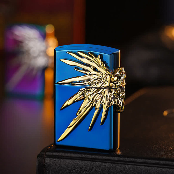Dreiseitiges, nachfüllbares Butanfeuerzeug mit 3D-Flügelrelief auf drei Seiten - Blau & Gold - image 8