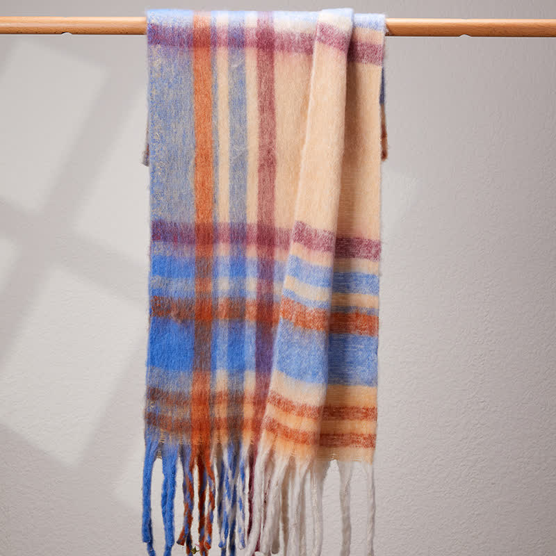 Klassischer warmer Unisex-Schal mit Quasten und Karomuster - Blau & Elfenbein - image 2