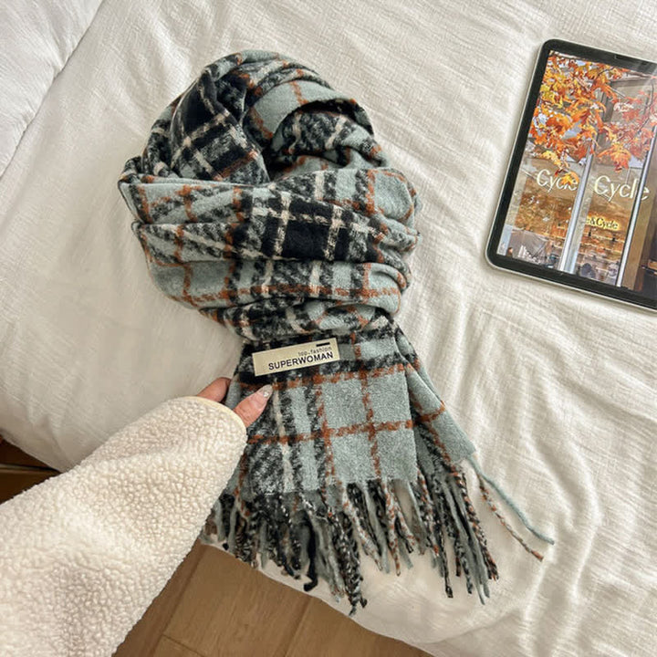 Wärmerer, übergroßer Unisex-Winterschal mit Quasten und Karomuster