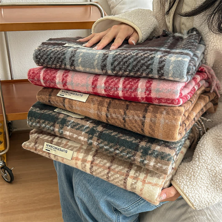 Wärmerer, übergroßer Unisex-Winterschal mit Quasten und Karomuster