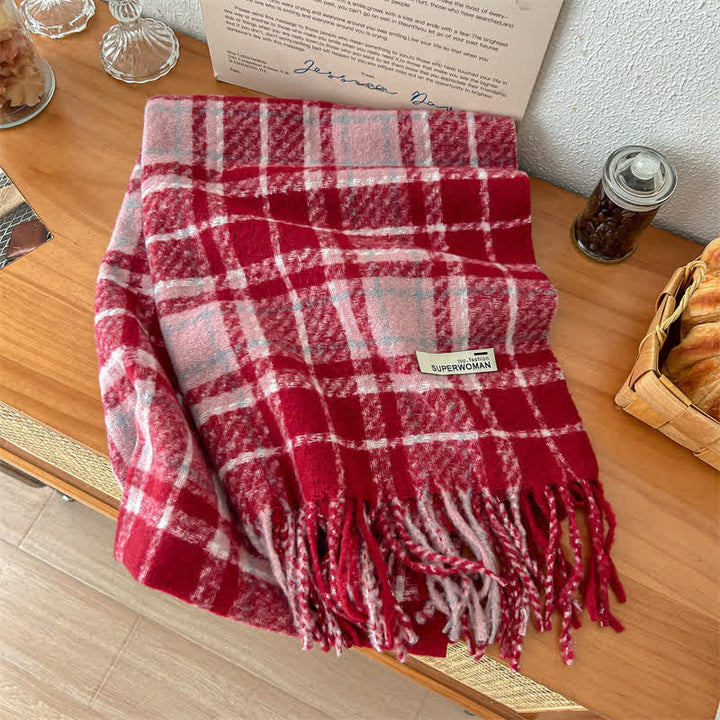 Wärmerer, übergroßer Unisex-Winterschal mit Quasten und Karomuster