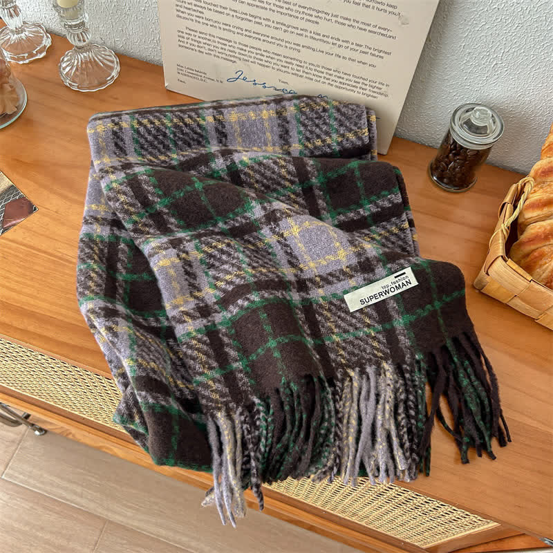 Wärmerer, übergroßer Unisex-Winterschal mit Quasten und Karomuster
