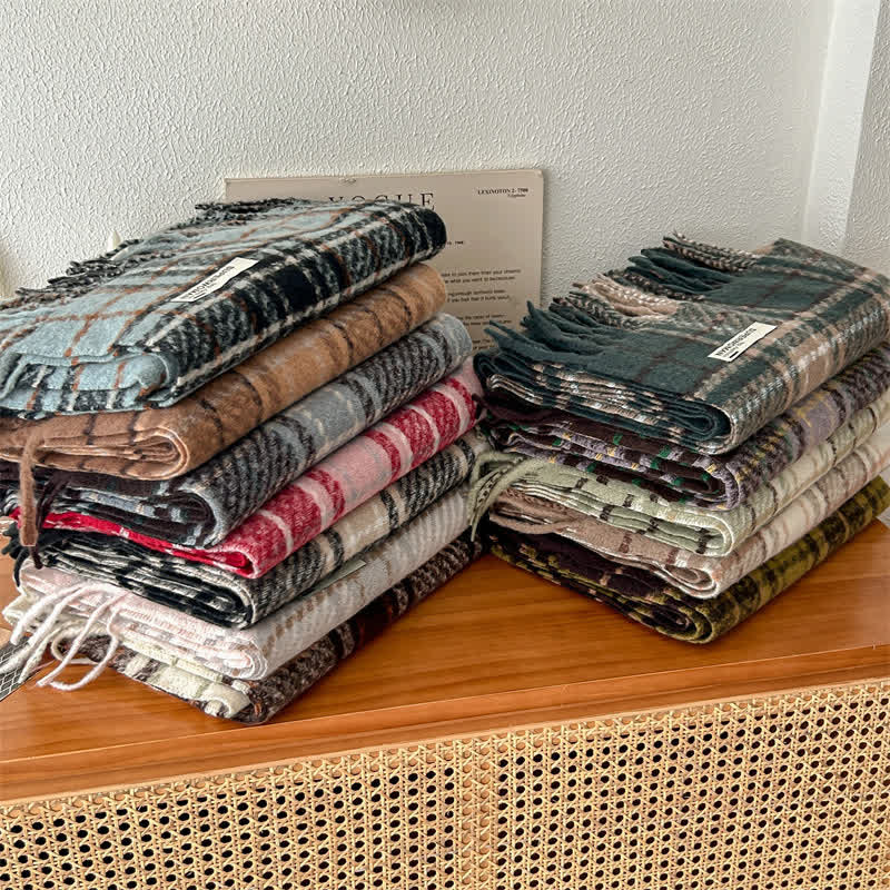 Wärmerer, übergroßer Unisex-Winterschal mit Quasten und Karomuster