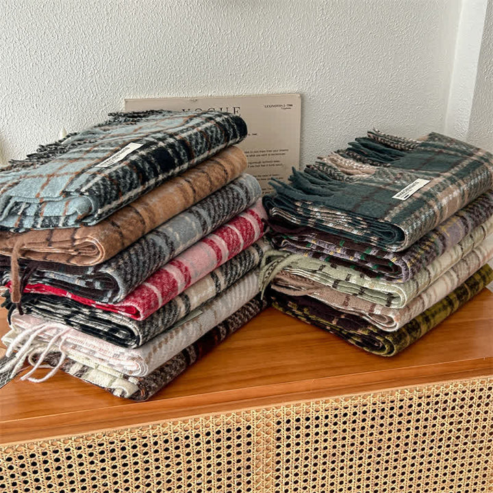 Wärmerer, übergroßer Unisex-Winterschal mit Quasten und Karomuster