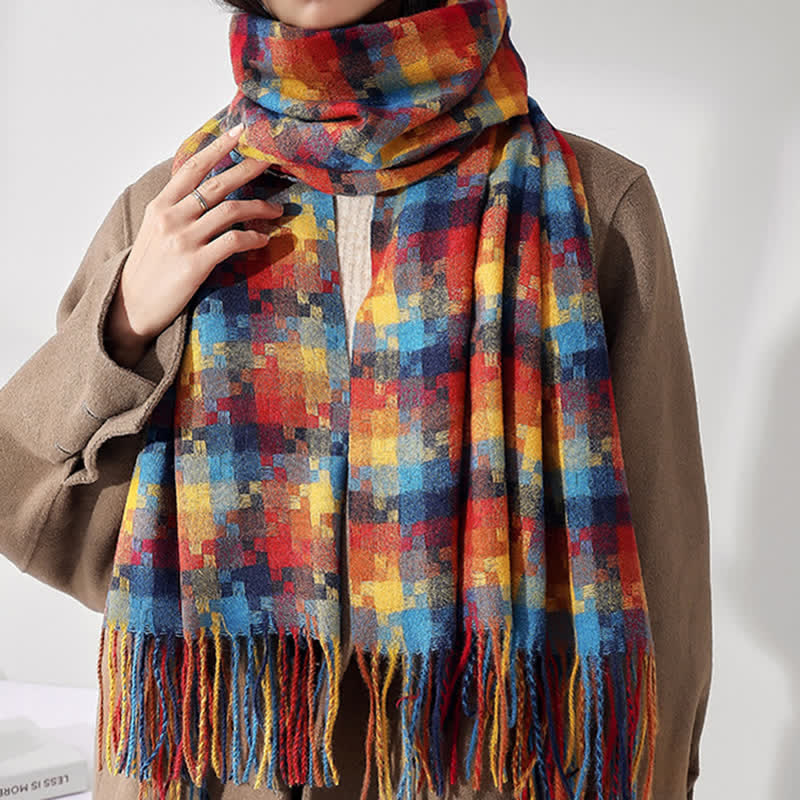 Mehrfarbiger weicher Unisex-Schal mit Fransen in Puzzleform