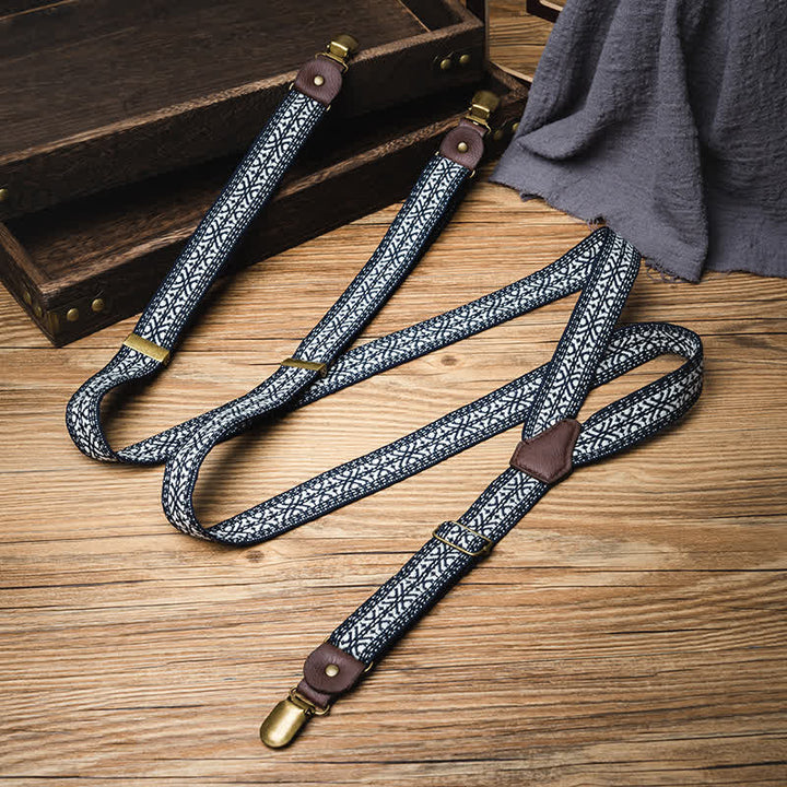 Elastische Hosenträger mit Y-Rücken und ethnischem Muster in Marineblau und Weiß