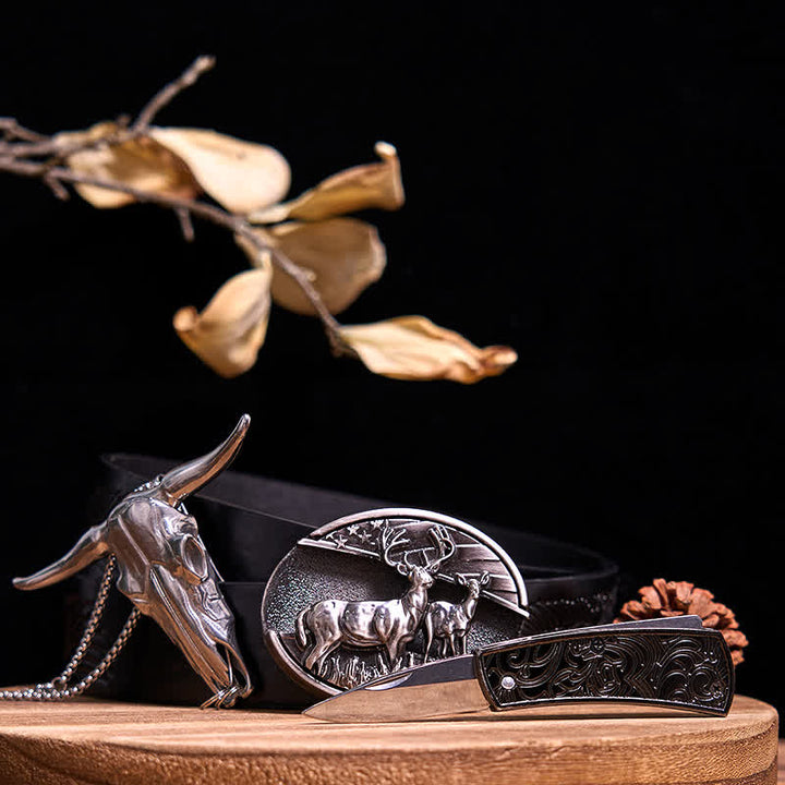 Western Gadget DIY Versteckte Messerschnalle Longhorn Bull Anhänger Bundle Set - Doppelhirsche - Schwarzer Gürtel mit geprägtem Adler - 40 - image 9