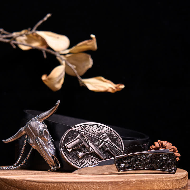 Western Gadget DIY Versteckte Messerschnalle Longhorn Bull Anhänger Bundle Set - Doppelpistolen - Schwarzer Gürtel mit geprägtem Adler - 40 - image 45