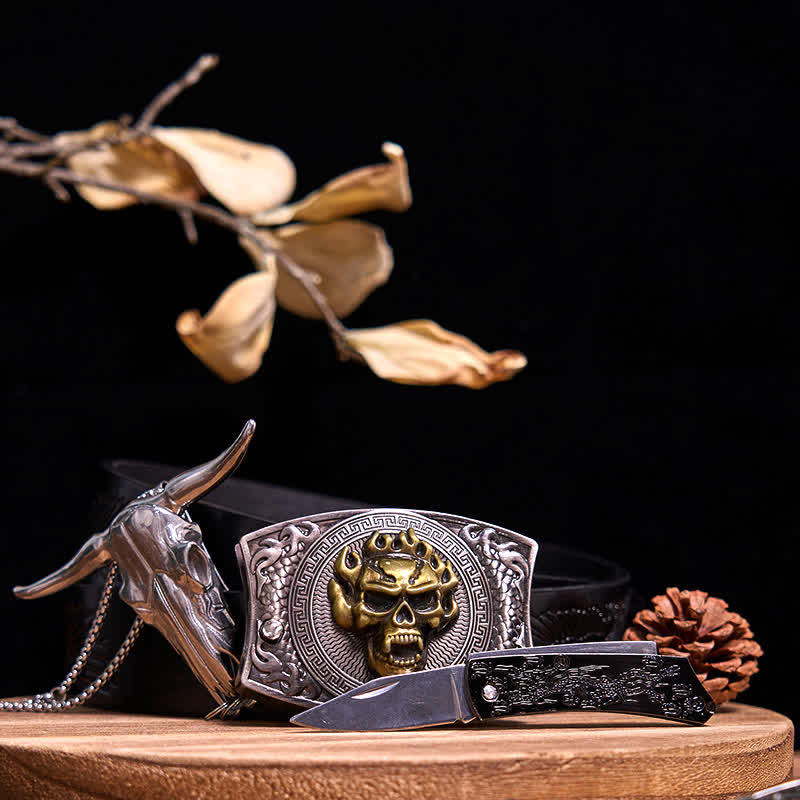 Western Gadget DIY Versteckte Messerschnalle Longhorn Bull Anhänger Bundle Set - Goldener Totenkopf - Schwarzer Gürtel mit geprägtem Adler - 40 - image 66