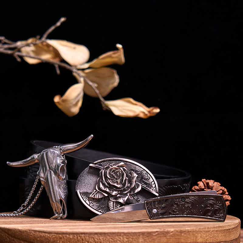 Western Gadget DIY Versteckte Messerschnalle Longhorn Bull Anhänger Bundle Set - Rose - Schwarzer Gürtel mit geprägtem Adler - 40 - image 21