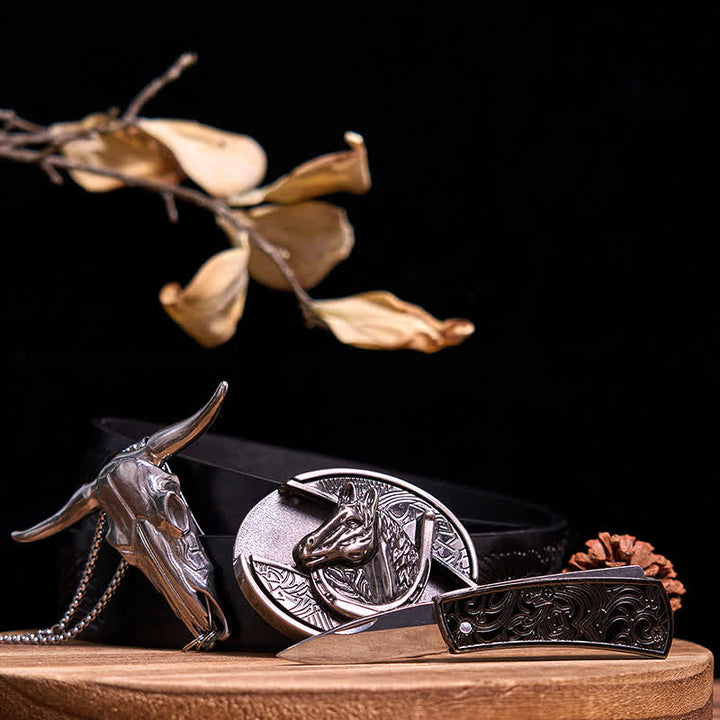 Western Gadget DIY Versteckte Messerschnalle Longhorn Bull Anhänger Bundle Set - Pferd - Schwarzer Gürtel mit geprägtem Adler - 40 - image 39