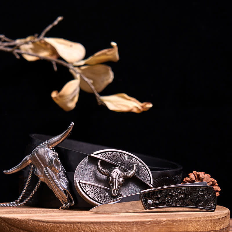 Western Gadget DIY Versteckte Messerschnalle Longhorn Bull Anhänger Bundle Set - Stier - Schwarzer Gürtel mit geprägtem Adler - 40 - image 33